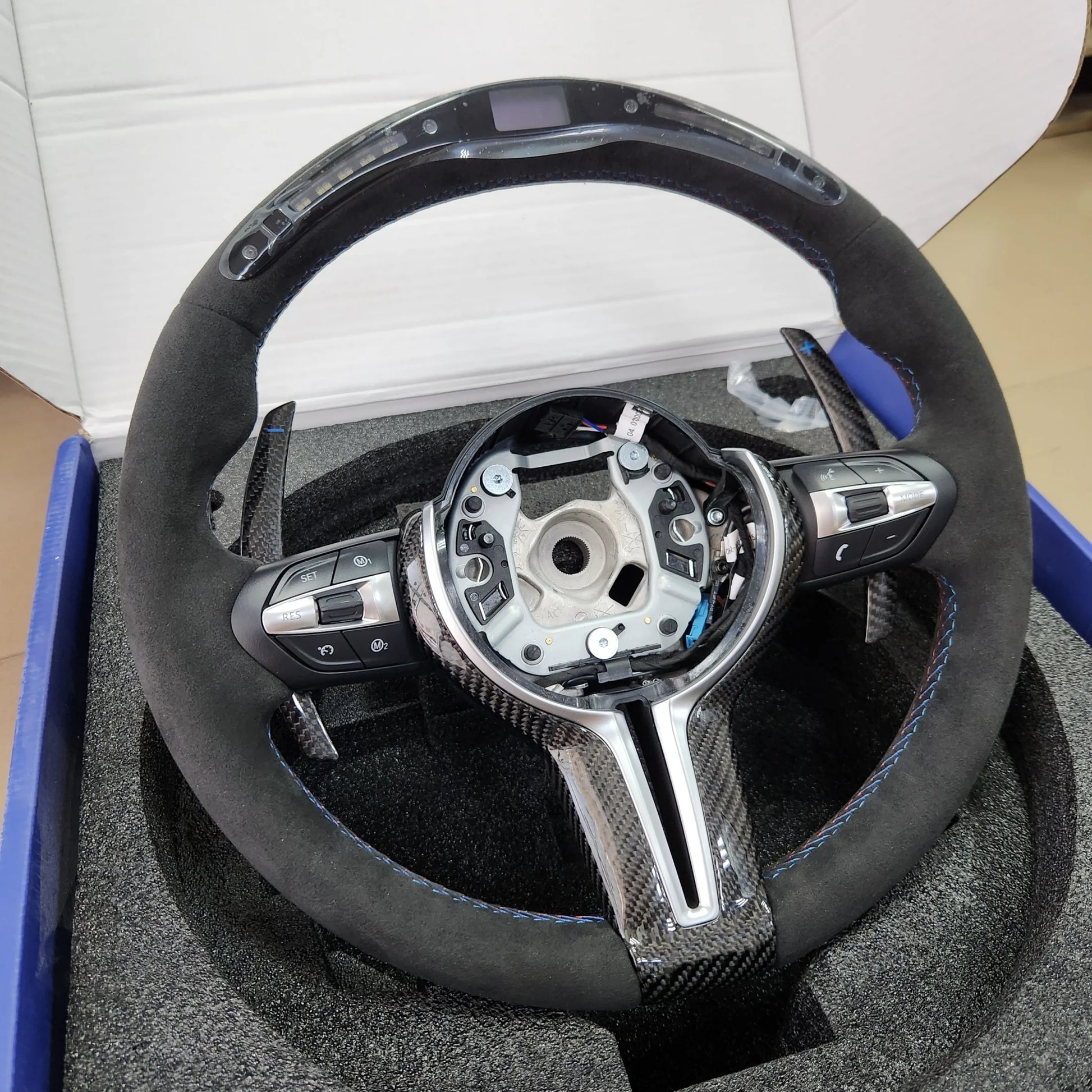 Alcantara M Sport Style Steering Wheel With Shift Lights, Carbon Paddle Shifters and Carbon Inlays Heated or Non Heated